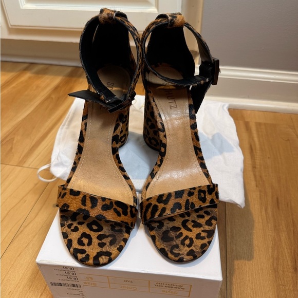 Women's Schutz Leopard Ankle Strap Buckle Open Toe Blocked Heels - Picture 2 of 7